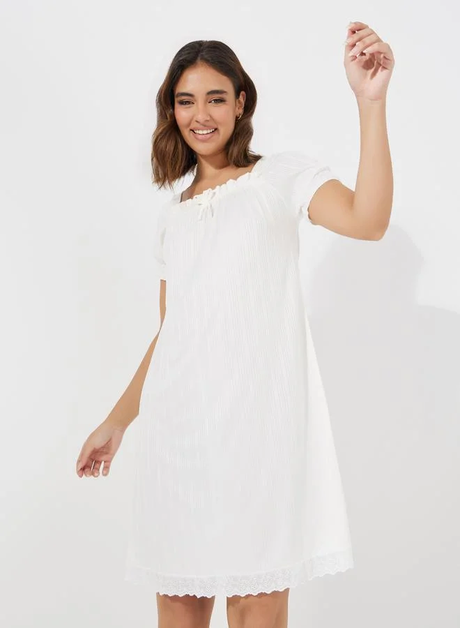 Styli Rib Lace Trim Bow Detail Knee Length Nightdress