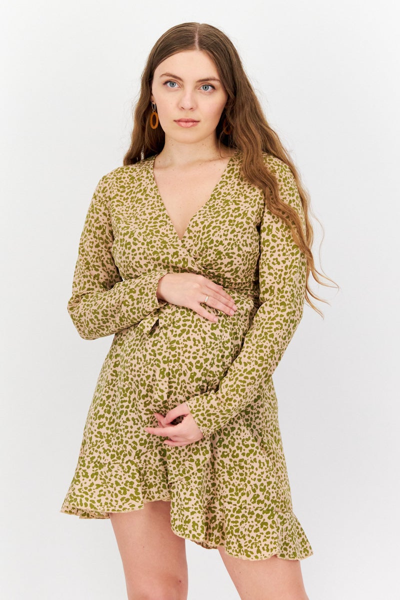 Missguided Maternity Cheetah Print Wrap Ruffle Long Sleeve Mini Dress, Multicolor - Image 1