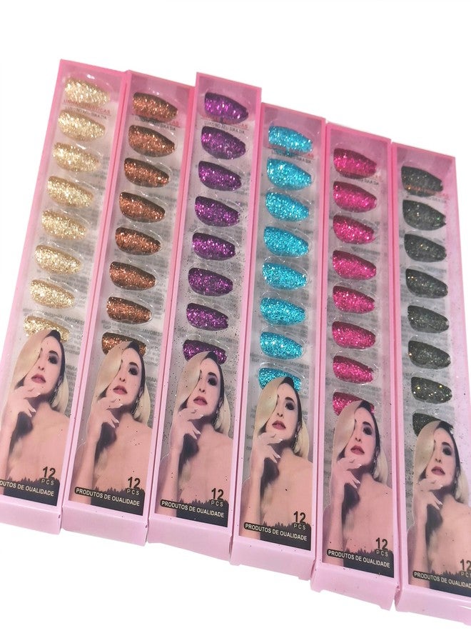La Belleza Artificial Nail Extension/Nail Art with Glue Acrylic False Nail Art,6 Color 72 Pcs Artificial Nails Tools Nail Manicure Accessories For Girls And Women (Glitter Nail Extension) - Image 1