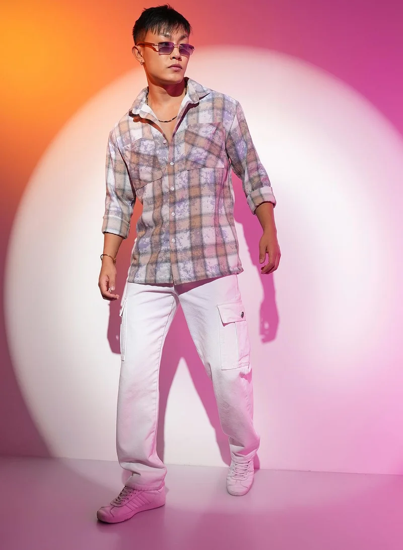 CAHOOT  Men's Light Beige & Off-White Tie-Dye Plaid Oversized Shirt for Men | Best Price UAE