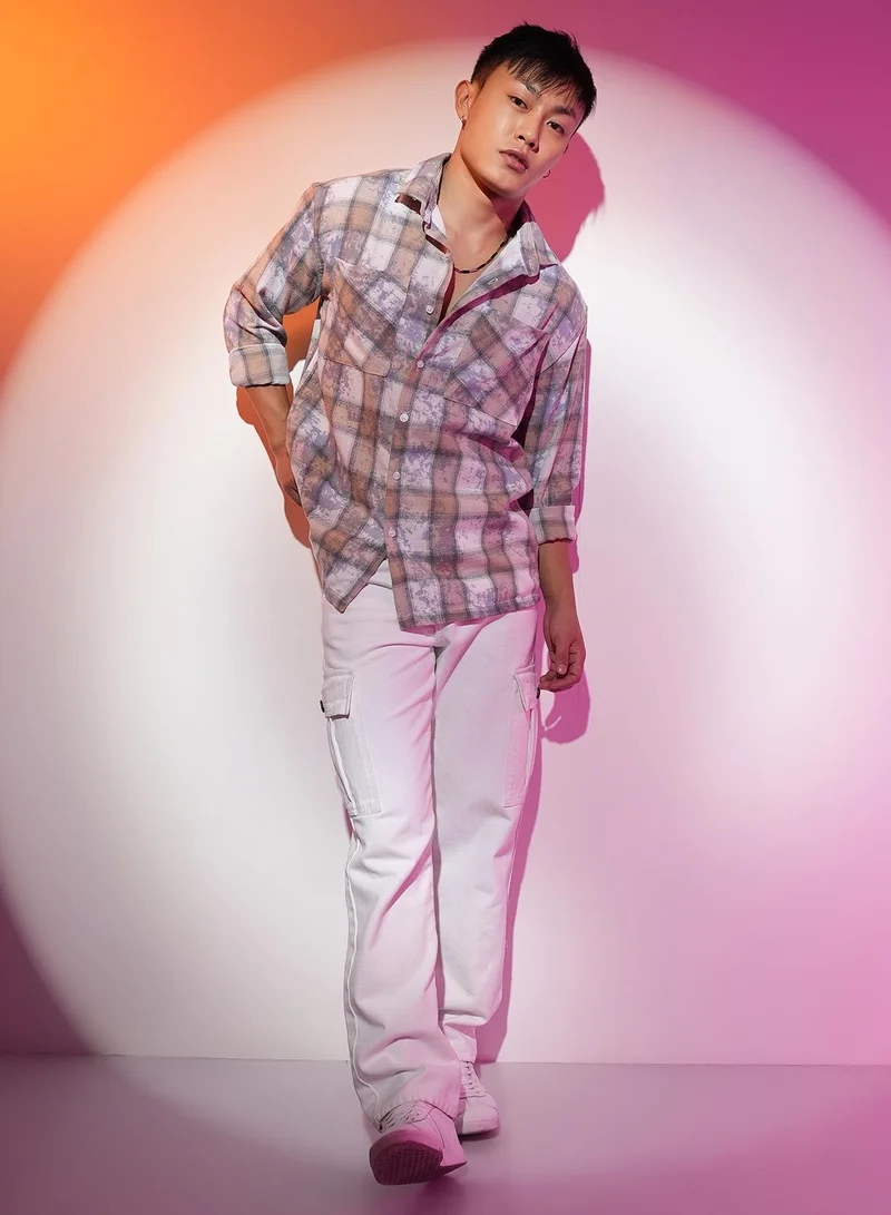 CAHOOT  Men's Light Beige & Off-White Tie-Dye Plaid Oversized Shirt for Men | Best Price UAE