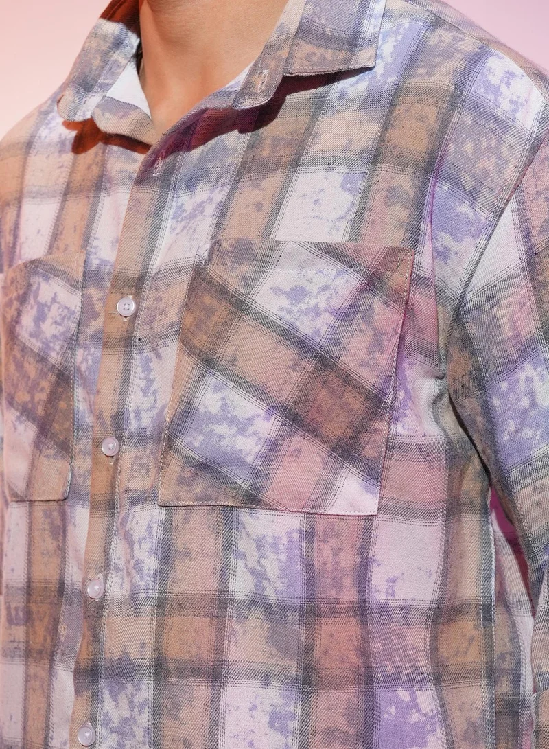 CAHOOT  Men's Light Beige & Off-White Tie-Dye Plaid Oversized Shirt for Men | Best Price UAE