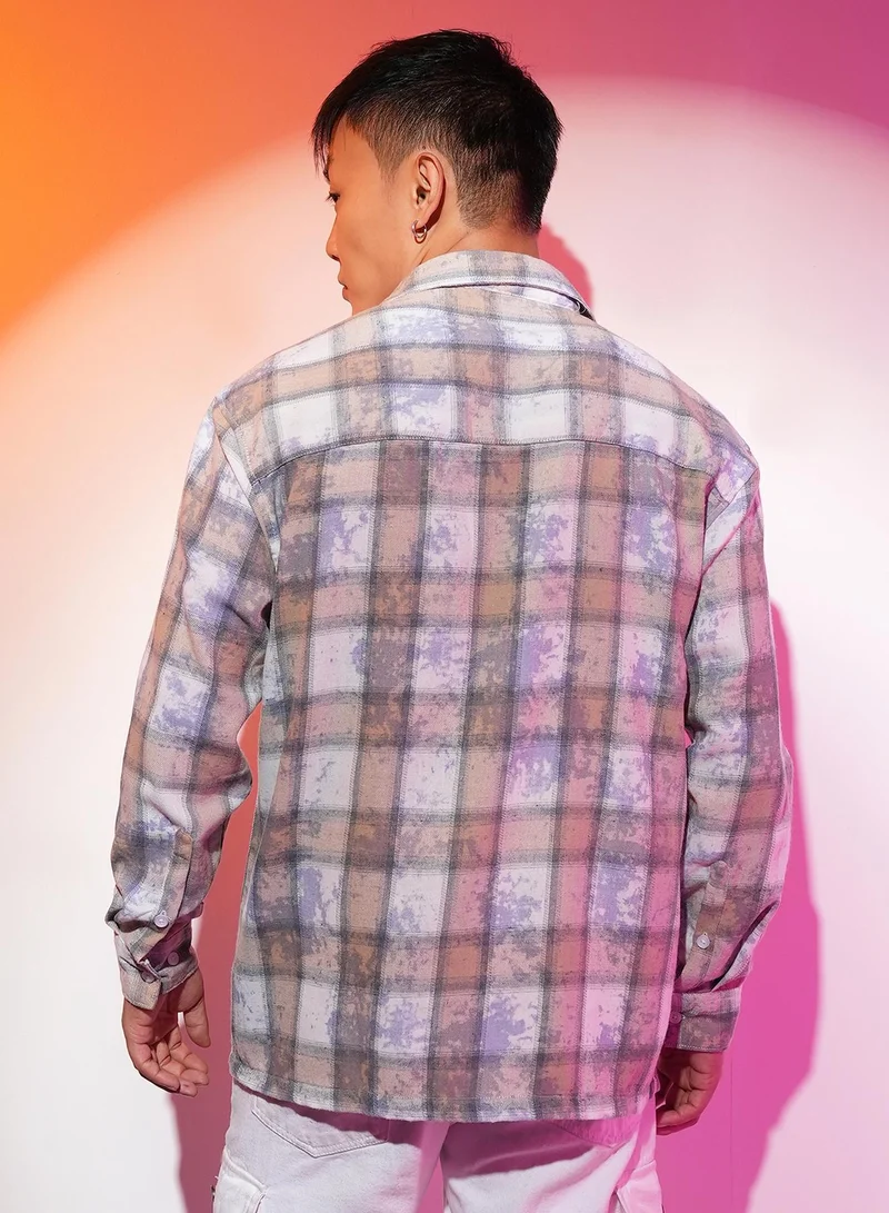 CAHOOT  Men's Light Beige & Off-White Tie-Dye Plaid Oversized Shirt for Men | Best Price UAE