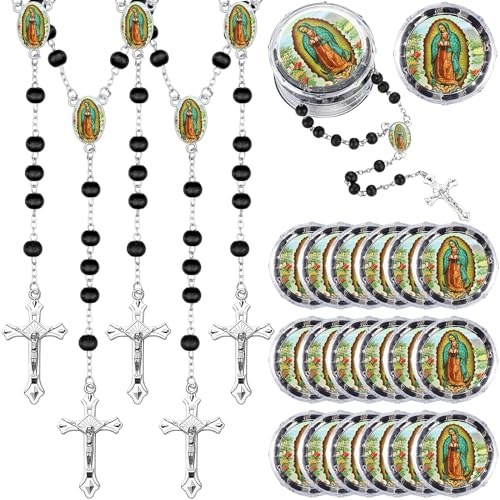 Jadive 100 Pcs Scented Rosary Beads Necklace with Gift Box Lady Guadalupe Wooden Rosary Beads Bulk with Crucifix for Women Men First Communion Baptism Favors Catholic GiftsBlack Silver - Image 1