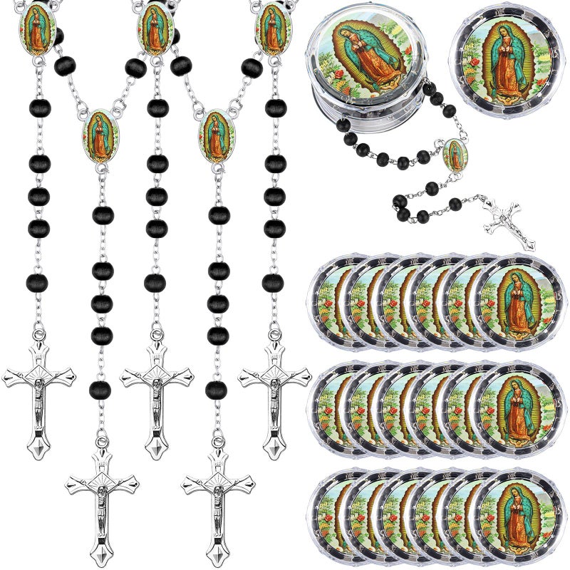 Jadive 100 Pcs Scented Rosary Beads Necklace with Gift Box Lady Guadalupe Wooden Rosary Beads Bulk with Crucifix for Women Men First Communion Baptism Favors Catholic GiftsBlack Silver - Image 2
