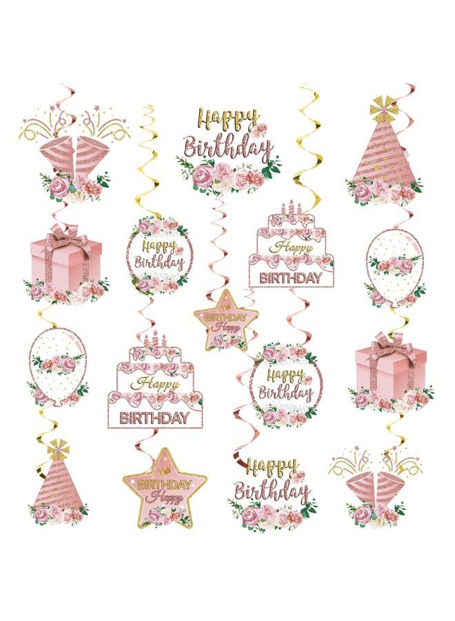 Guiruiy Pink Rose Gold Birthday Party Decorations Hanging Swirl for Women Girls, Flower Theme Happy Birthday Foil Swirls Party Supplies, 16th 18th 21th 30th 40th 50th 60th Floral Bday Ceiling Hanging Sign - Image 1