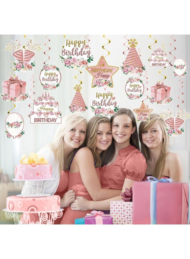 Guiruiy Pink Rose Gold Birthday Party Decorations Hanging Swirl for Women Girls, Flower Theme Happy Birthday Foil Swirls Party Supplies, 16th 18th 21th 30th 40th 50th 60th Floral Bday Ceiling Hanging Sign - Image 5
