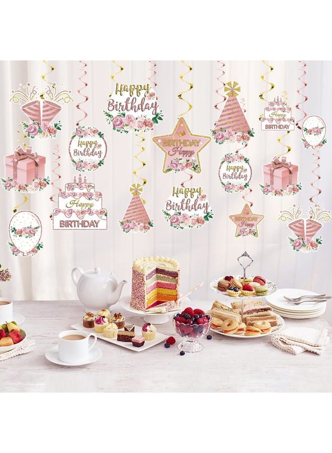 Guiruiy Pink Rose Gold Birthday Party Decorations Hanging Swirl for Women Girls, Flower Theme Happy Birthday Foil Swirls Party Supplies, 16th 18th 21th 30th 40th 50th 60th Floral Bday Ceiling Hanging Sign - Image 4
