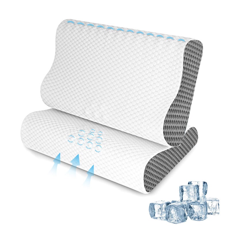 SUFOR Cooling Pillows Queen Size Set of 2 Memory Foam Bed Pillows for Sleeping Ergonomic Cervical Pillow for Neck and Shoulder Pain Relief with PillowcaseGrey