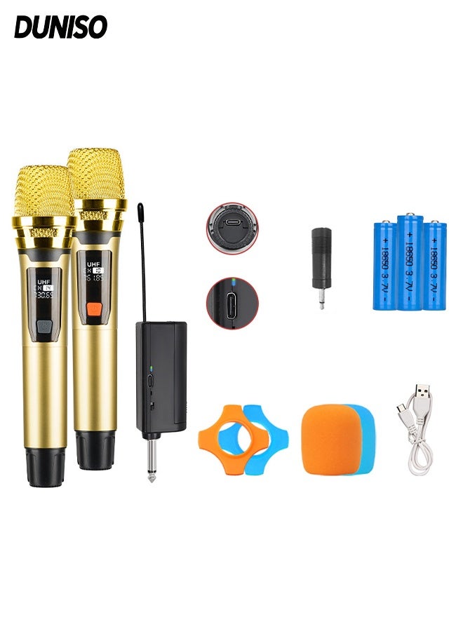 DUNISO Wireless Microphone Set,Metal Dual Professional UHF Cordless Dynamic Mic,Universal Portable Handheld Dynamic Microphone with Rechargeable Receiver,Plug and Play,Shockproof and Durable,for Amplifier, PA System, Singing Karaoke Machine - Image 1