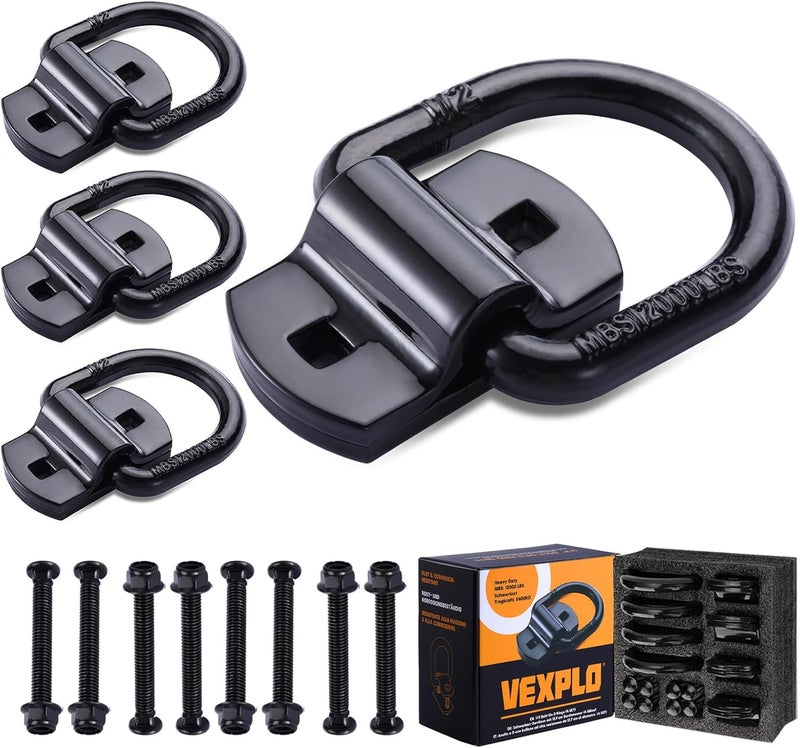 VEXPLO حلقات D مقاس 1/2 بوصة للمقطورات، خطافات سرير الشاحنة، مثبتات ومراسي شاحنة مطروقة ومثبتة بالبراغي شديدة التحمل، قوة كسر 12000 رطل (عبوة من 4) - Image 1