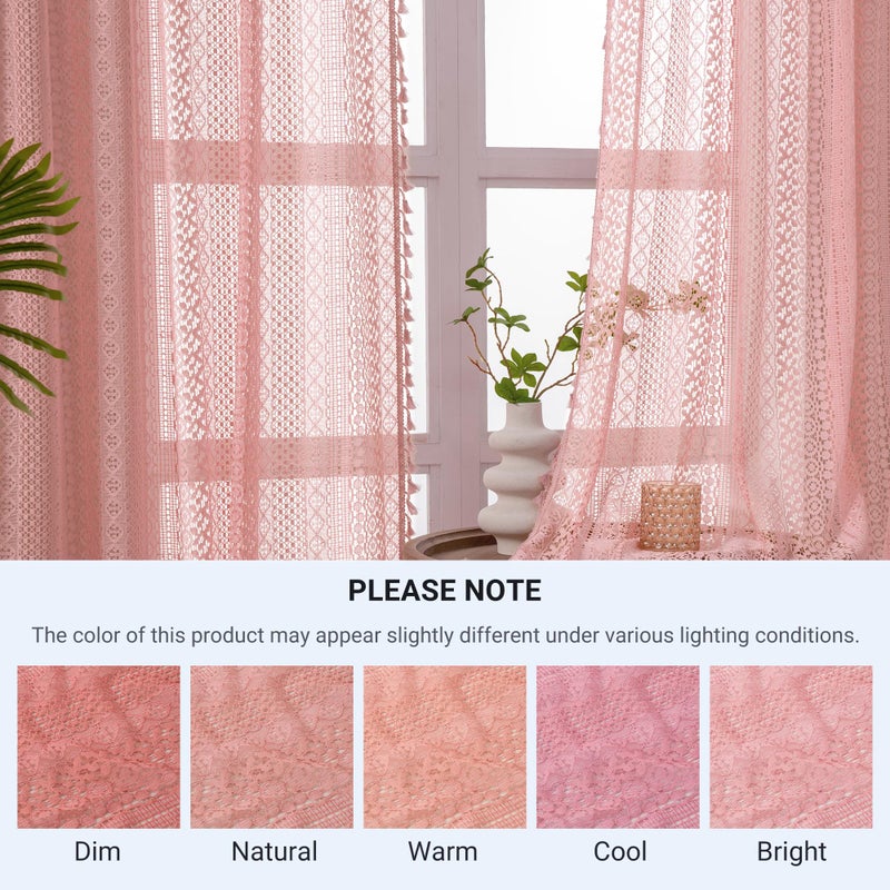 WAZZIO Boho Lace Curtains 84 Inches 2 Panel,Light Filtering Privacy Tassel & Geometry Crochet Semi Sheer Curtain Drapes for Bedroom Living Dining Room,Rod Pocket & Tassel,Light Pink - Image 5