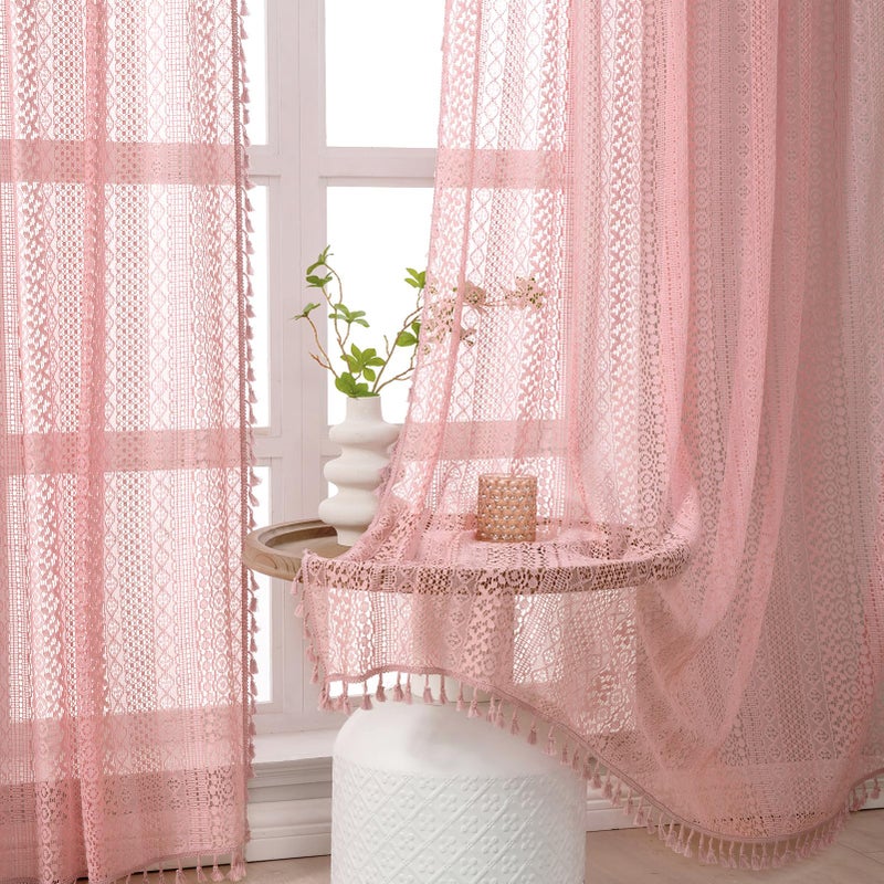 WAZZIO Boho Lace Curtains 84 Inches 2 Panel,Light Filtering Privacy Tassel & Geometry Crochet Semi Sheer Curtain Drapes for Bedroom Living Dining Room,Rod Pocket & Tassel,Light Pink - Image 2