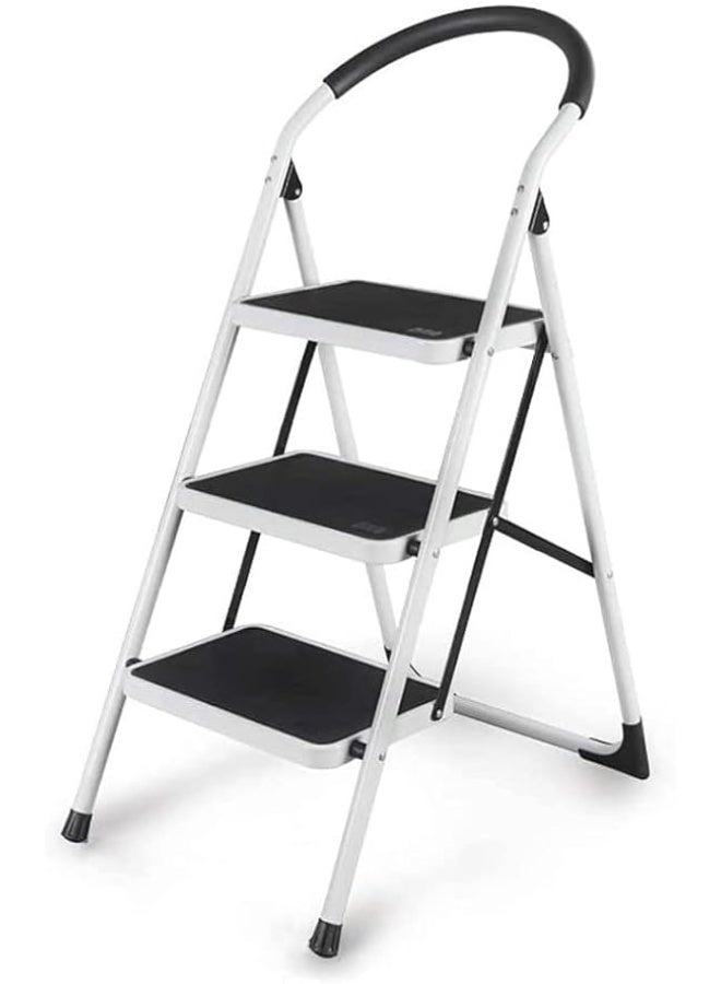 3 Steps Foldable Ladder Household Indoor Kitchen Living Room Portable Step Stool (White & Black) - Image 1