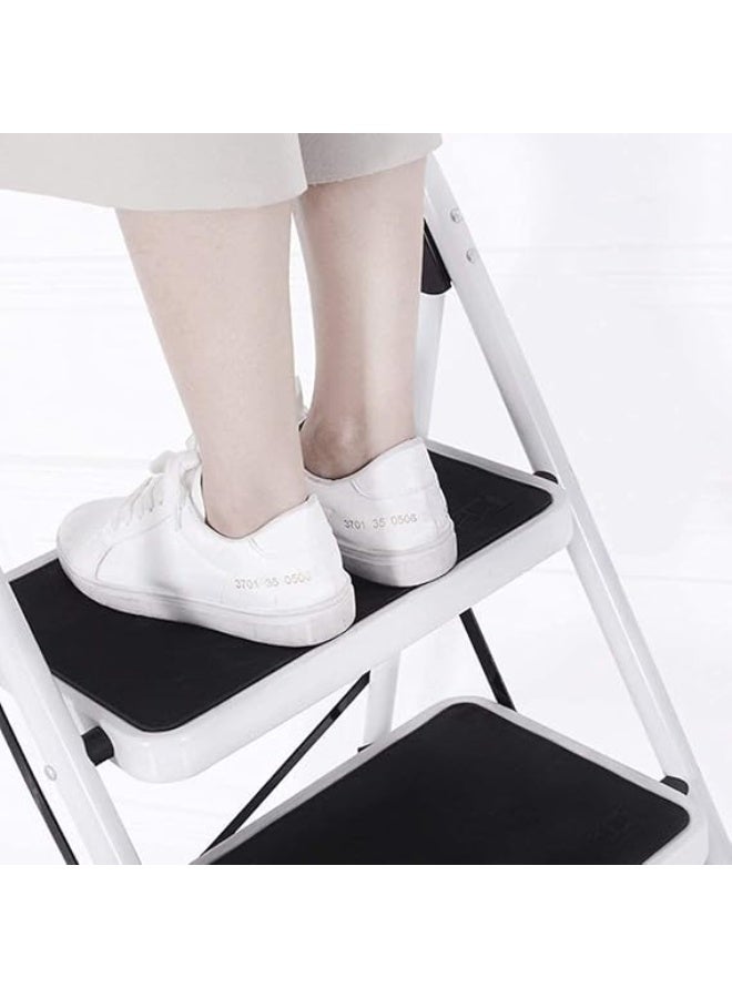 3 Steps Foldable Ladder Household Indoor Kitchen Living Room Portable Step Stool (White & Black) - Image 4
