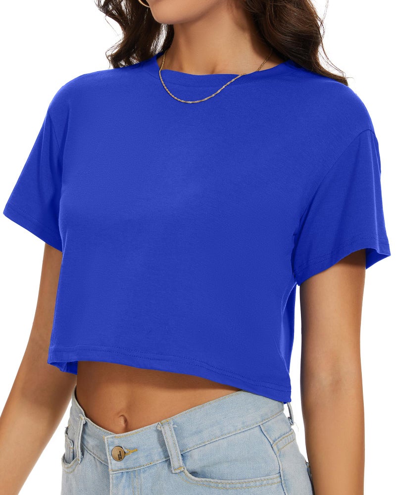 CHICGAL Short Sleeve Shirts for Women Summer Crewneck Cropped Tee Plain Color Cotton Basic Tops(Blue,M) - Image 5