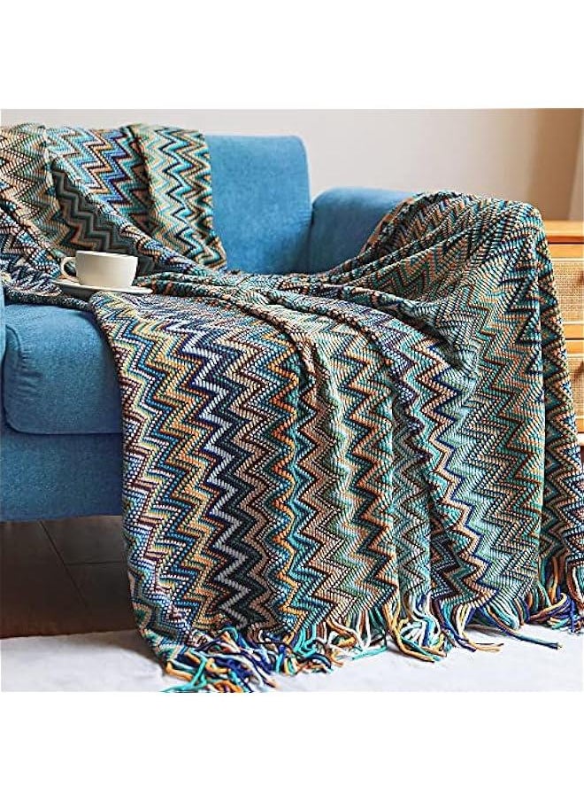 HOOKOR Bohemian Boho Throw Blankets, Knitted with Tassel, Outdoor Reversible Soft Cozy Lightweight Throw Blankets, Couch Bed Sofa Decorative Throw Blanket (BlUE, 127x152CM)  - Image 1