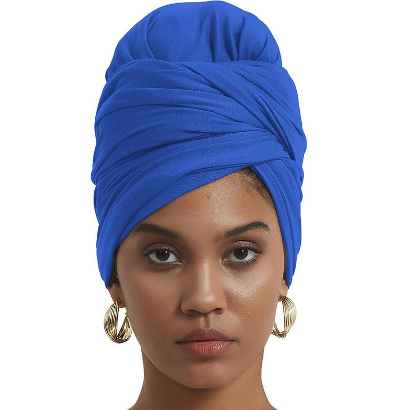 corciova Cobalt Blue Long Soft Head Wrap Turban Headband for Black Women Two Way Stretch Fashion African Head Covering Jersey Hijab Scarf - Image 1