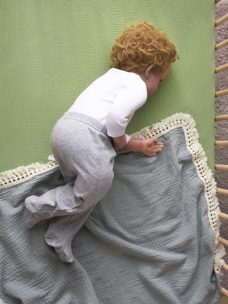 TILLYOU 2 Pack Muslin Crib Sheet for Boys and Girls - 100% Cotton Fitted Crib Sheet for Toddler Standard Crib Mattress, Soft and Breathable, 52"x28", Forest Green&Light Green - Image 5