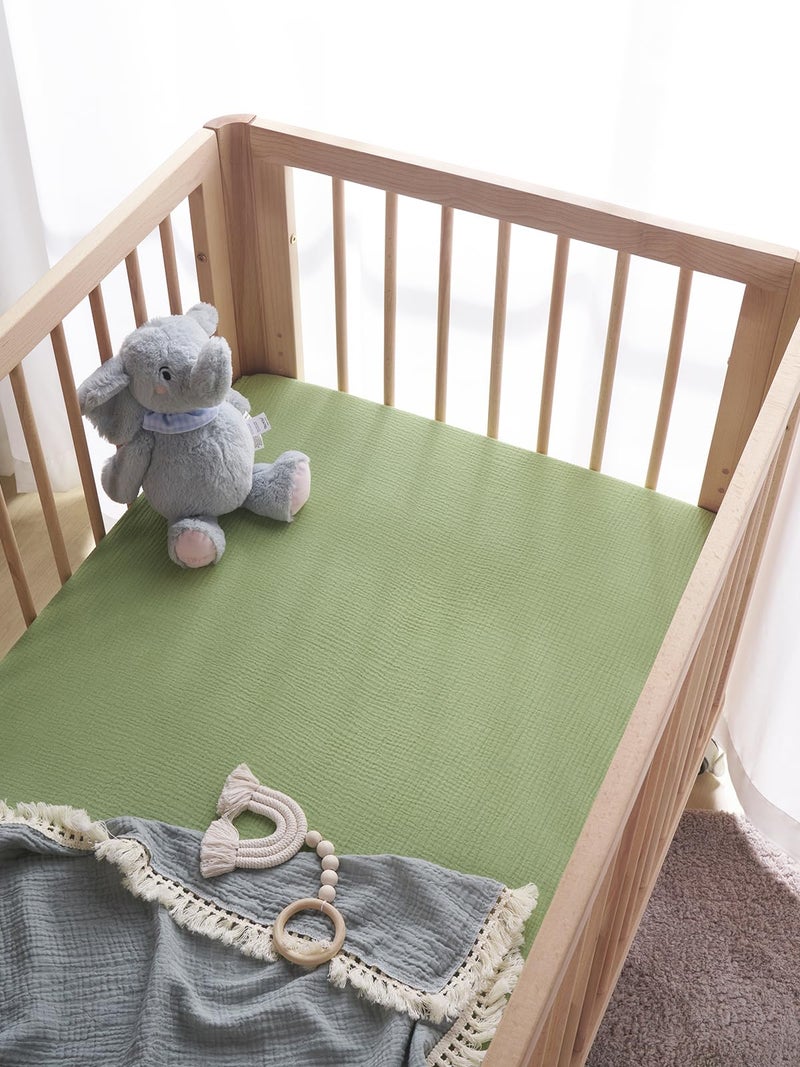 TILLYOU 2 Pack Muslin Crib Sheet for Boys and Girls - 100% Cotton Fitted Crib Sheet for Toddler Standard Crib Mattress, Soft and Breathable, 52"x28", Forest Green&Light Green - Image 3