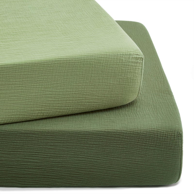 TILLYOU 2 Pack Muslin Crib Sheet for Boys and Girls - 100% Cotton Fitted Crib Sheet for Toddler Standard Crib Mattress, Soft and Breathable, 52"x28", Forest Green&Light Green - Image 1