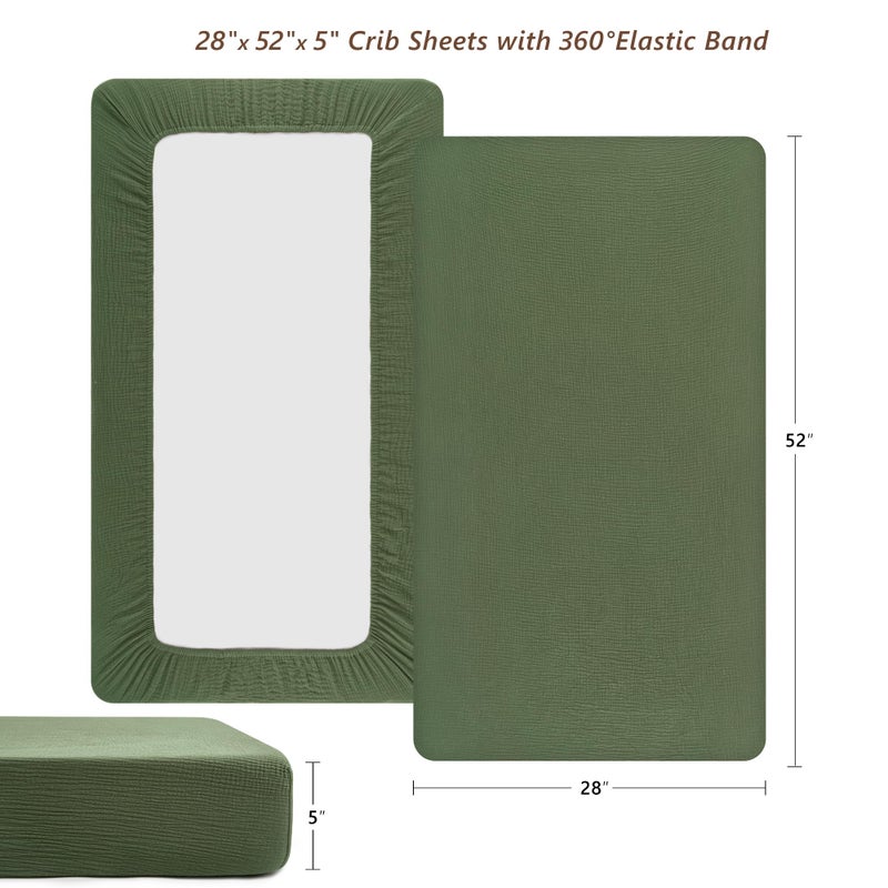 TILLYOU 2 Pack Muslin Crib Sheet for Boys and Girls - 100% Cotton Fitted Crib Sheet for Toddler Standard Crib Mattress, Soft and Breathable, 52"x28", Forest Green&Light Green - Image 4