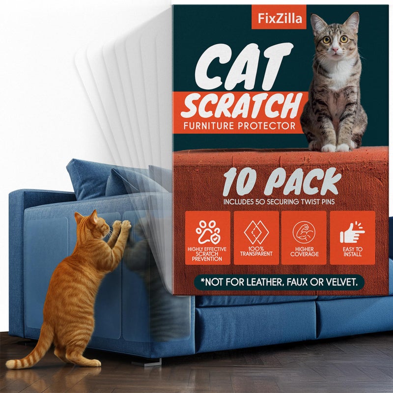 FixZilla Anti Cat Scratch Furniture Protector, 10-Pack Couch Protector from Cat Claws - Heavy-Duty, Easy-to-Apply Scratching Deterrent and Shield for Sofa Corners, Walls, Doors- with 50 Twist Pins - Image 1