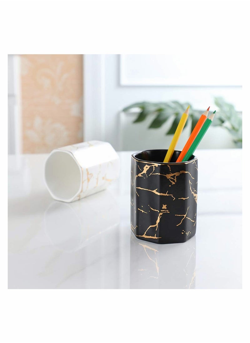 Excefore Ceramic Desk Pen Holder, Stand Golden Pattern Cute Pencil Cup Pot Desk Organizer  - Image 3