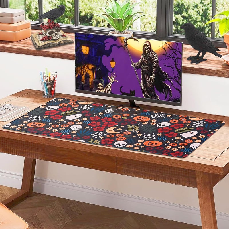 Armindou Halloween Skull Mouse Pad Large Gaming Flowers Pumpkins Mouse Pads for Desktop Computer Keyboard Office Desk Pad Mat, Gothic Desk Protector Mat, 16x36 - Image 5