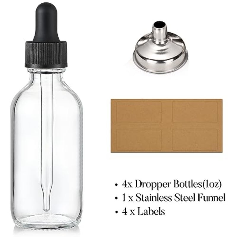 Set of 4, 1 oz Clear Eye Dropper Bottles with 1 Stainless Steel Funnels and 4 Labels - s 30ml Thick Glass Tincture Bottles - Leakproof Essential Oils Bottles for Health, Personal Care and Beauty - Image 2