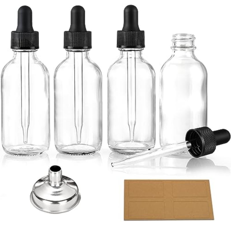 Set of 4, 1 oz Clear Eye Dropper Bottles with 1 Stainless Steel Funnels and 4 Labels - s 30ml Thick Glass Tincture Bottles - Leakproof Essential Oils Bottles for Health, Personal Care and Beauty - Image 1
