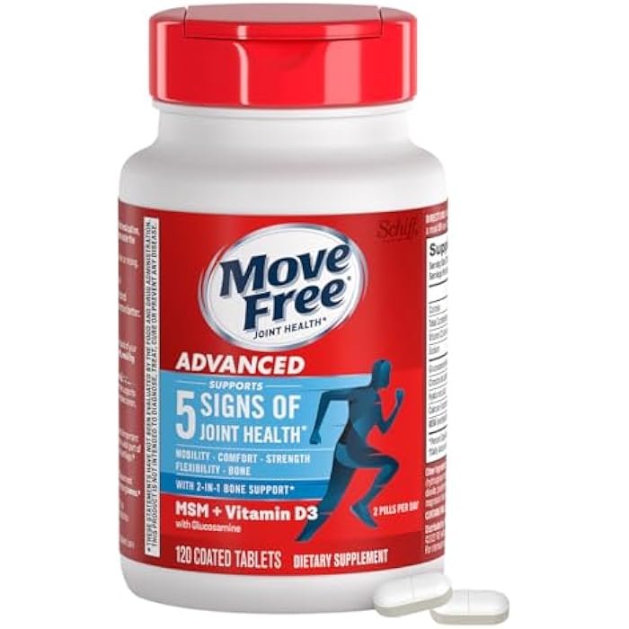 Move Free موف فري أدفانسد جلوكوأمين تشوندرويتين MSM + فيتامين D3 مكمل دعم المفاصل، يدعم الراحة الحركية والقوة والمرونة وصحة العظام + المناعة - 120 قرص (40 حصة) - Image 1