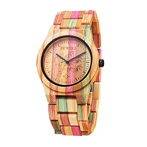 BEWELL Wooden Watches Handmade Natural Colorful Bamboo Wooden Watch Analog Quartz Wrist Watch Orange - Image 1