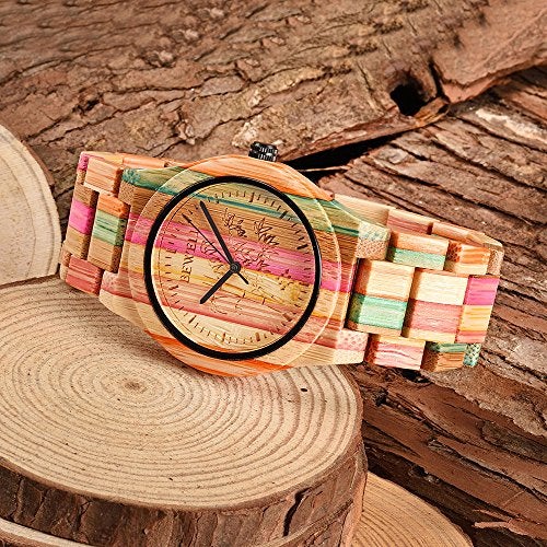 BEWELL Wooden Watches Handmade Natural Colorful Bamboo Wooden Watch Analog Quartz Wrist Watch Orange - Image 4