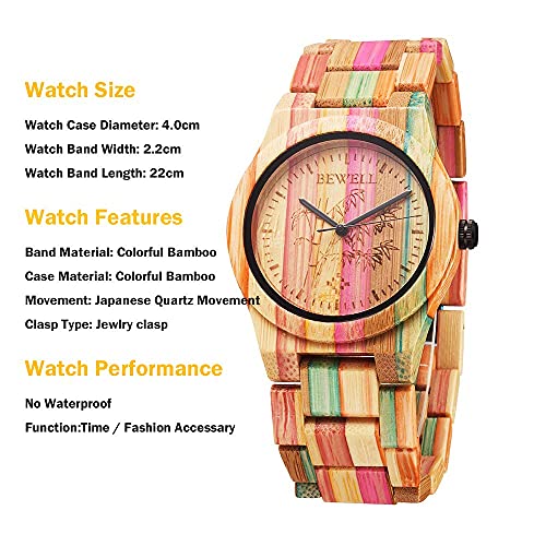 BEWELL Wooden Watches Handmade Natural Colorful Bamboo Wooden Watch Analog Quartz Wrist Watch Orange - Image 3
