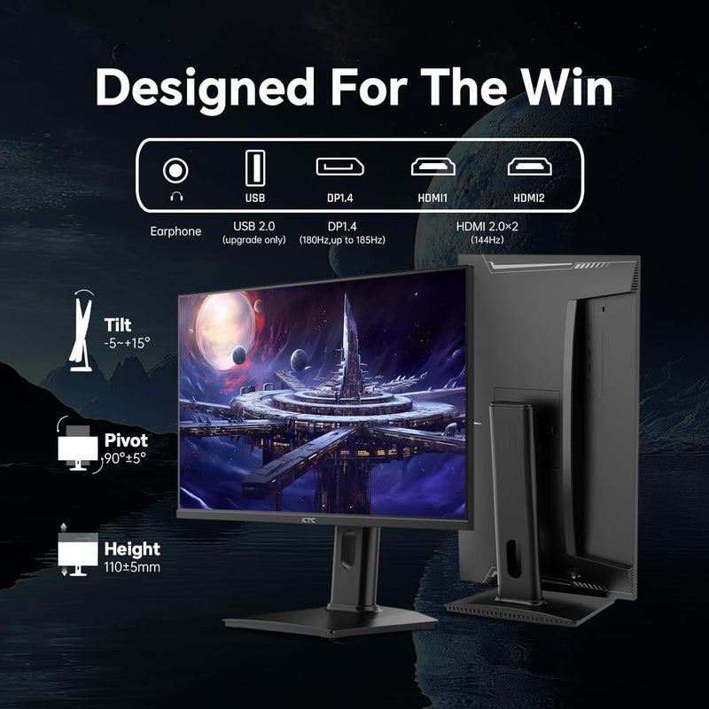 KTC 24 inch Gaming Monitor QHD 180Hz, Fast IPS 1440p Computer Monitor, Up to 185Hz, 1ms, G-Sync/FreeSync, HDR400, Height Adjustable, 2 x HDMI, 1 x DP H24T7 - Image 4