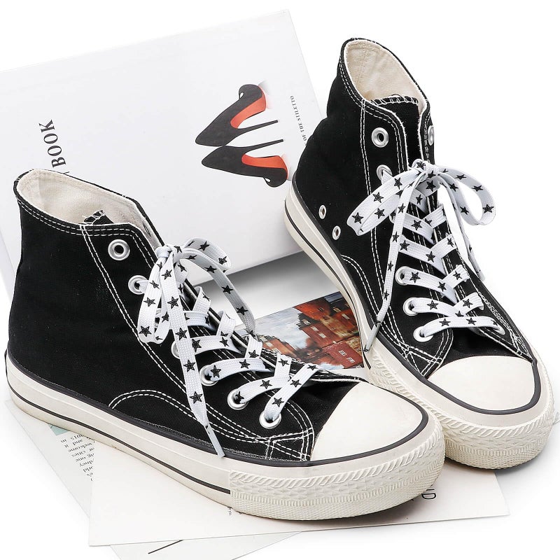 DANHUA Colored Printed Flat Shoelaces: 2 Pair White Black Star Patterned Shoe Laces for Sneakers 63 inch - Image 4
