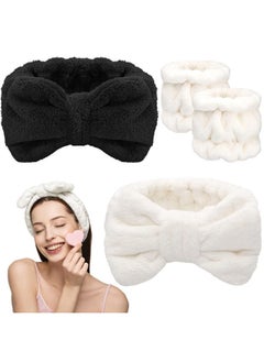 Chuangdi 4 Pcs Microfiber Headband Spa Wristbands and Wrist Bands for Washing Face Cuffs Towel Wristbands Hair Headband Face Wash Cuffs for Women Makeup(Black, White)  - Image 1