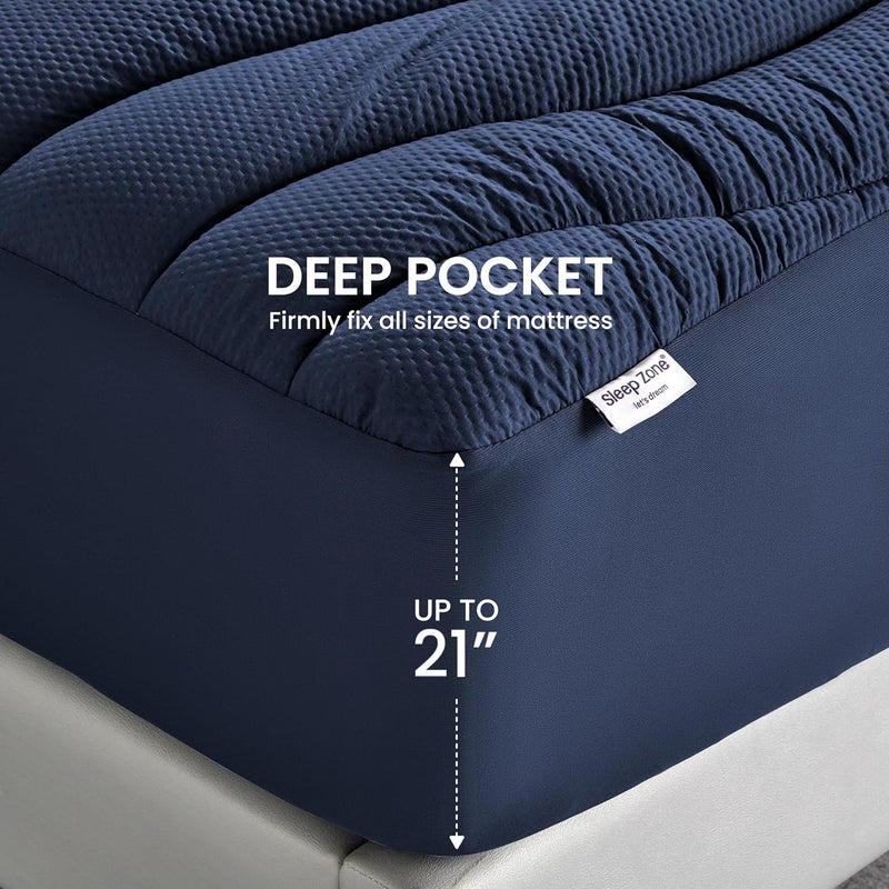 SLEEP ZONE وسادة مرتبة توأم إضافية الطول المبردة من لسكن الكلية، غطاء وسادة مرتبة مبرد بمناطق متميزة، واقي مرتبة مبطن سميك قابل للتنفس والغسل، جيب عميق 8-21 بوصة (كحلي، توأم XL) - Image 5