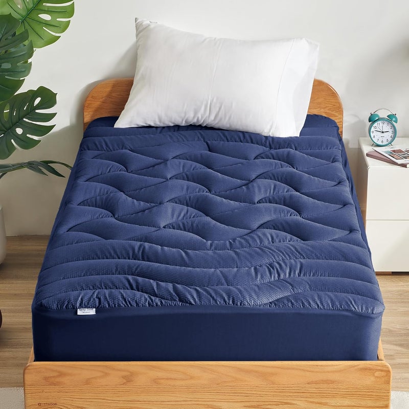 SLEEP ZONE وسادة مرتبة توأم إضافية الطول المبردة من لسكن الكلية، غطاء وسادة مرتبة مبرد بمناطق متميزة، واقي مرتبة مبطن سميك قابل للتنفس والغسل، جيب عميق 8-21 بوصة (كحلي، توأم XL) - Image 1