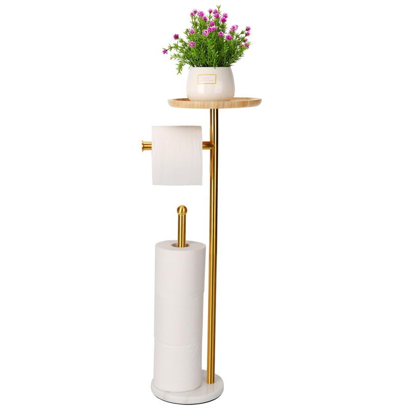 Standing Toilet Paper Holder Gold with 79 Big Tray 22Lbs Heavier Marble Base Freestanding Paper Holder Stand with Phone Shelf Holds 5 Paper Rolls Gold