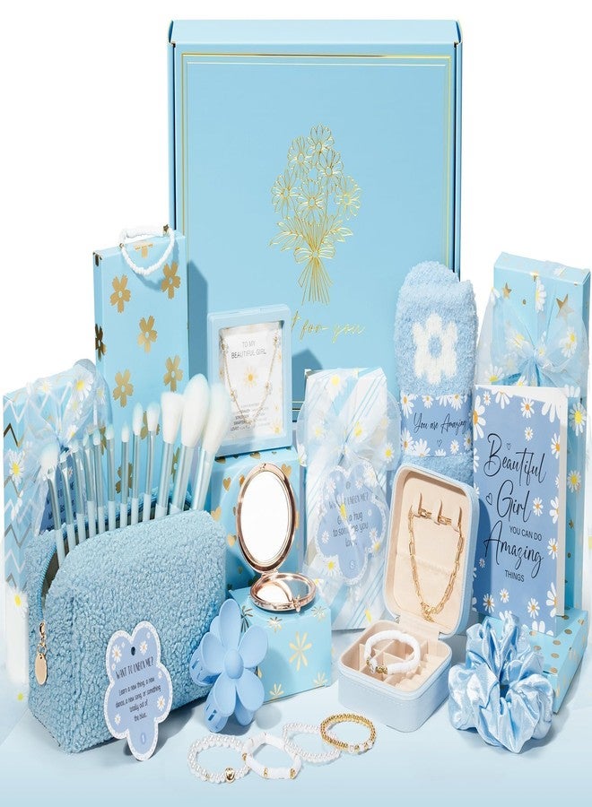 Qinline Birthday Gifts for Tween Teen Girls - 8 PCS Gifts Basket Teen Girl Gifts Trendy Stuff Girls Fun Empower Gift Box w/Task Tags Make up Brushes Makeup Bag, Graduation Gifts Idea for Her Niece Daughter - Image 1