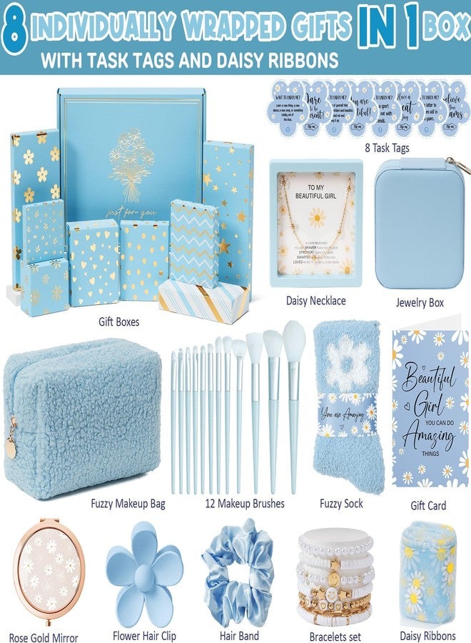 Qinline Birthday Gifts for Tween Teen Girls - 8 PCS Gifts Basket Teen Girl Gifts Trendy Stuff Girls Fun Empower Gift Box w/Task Tags Make up Brushes Makeup Bag, Graduation Gifts Idea for Her Niece Daughter - Image 2