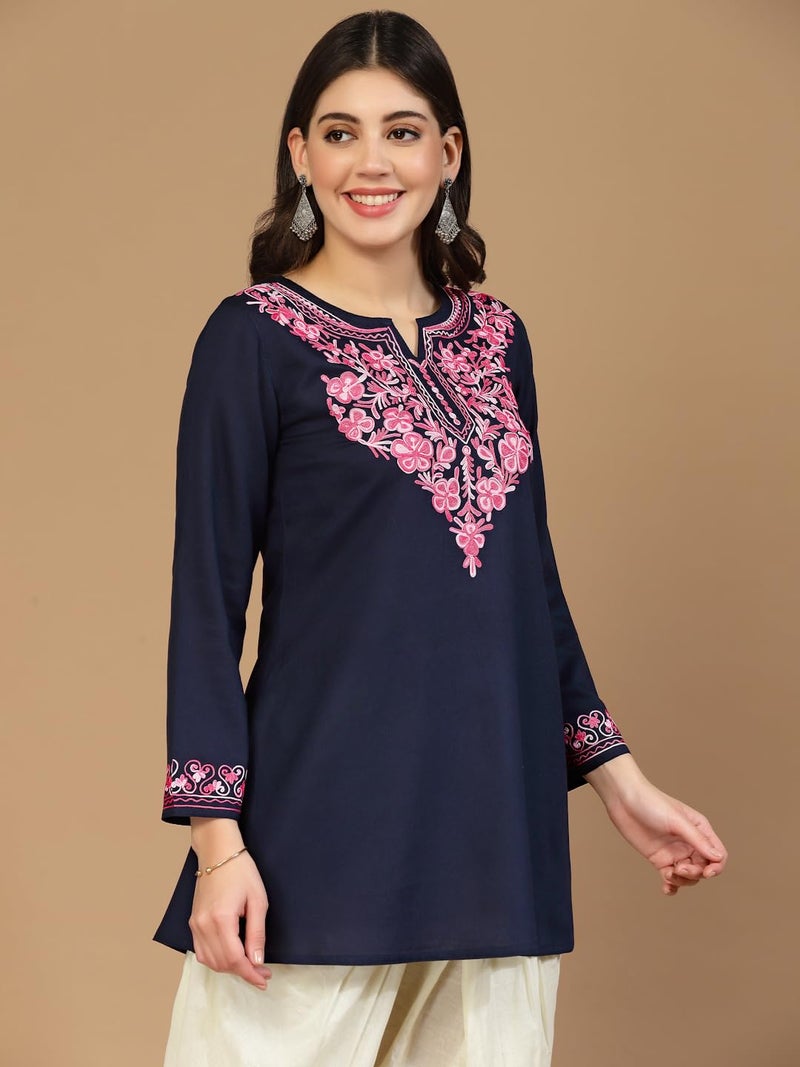 QAZMI Women's Cotton Naila Kashmiri A-Line Short Regular Fit Kurti_M Navy Blue - Image 3