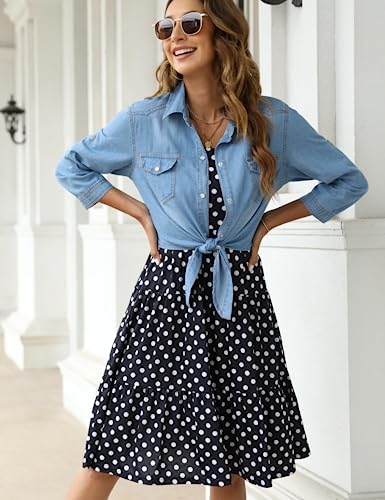 PUWEI Women's Denim Shirts Casual Button Up 3/4 Sleeve Tie Front Jean Crop Tops (1699-LightBlue-XL) - Image 3