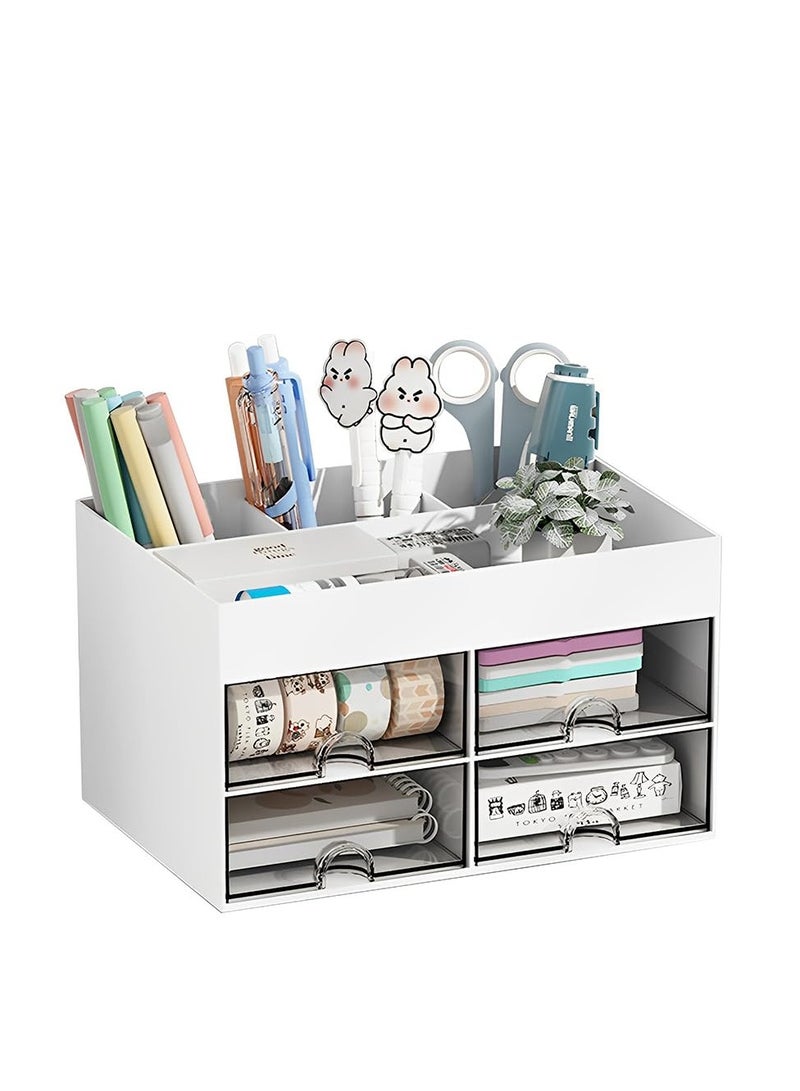 SYOSI Desk Organiser, Desk Supplies Organiser with 4 Drawers, Desktop Stationery Storage Box, Space Saving Desk Organiser Drawers, Pen Pot Desk Storage Organiser, for Office Home School (White) - Image 1