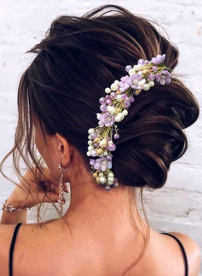 Hair Flare Artificial Small Rose with Metals and Pearls Hair Vein/Bridal Hair Bun Accessories for Women and Girls-2412, Purple Hairpin - Image 3