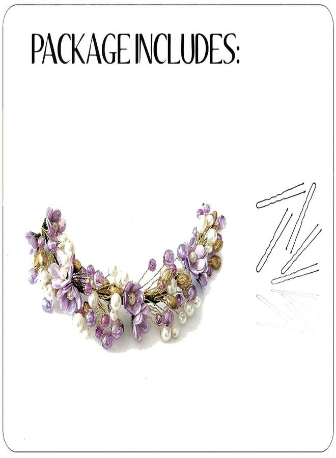 Hair Flare Artificial Small Rose with Metals and Pearls Hair Vein/Bridal Hair Bun Accessories for Women and Girls-2412, Purple Hairpin - Image 5