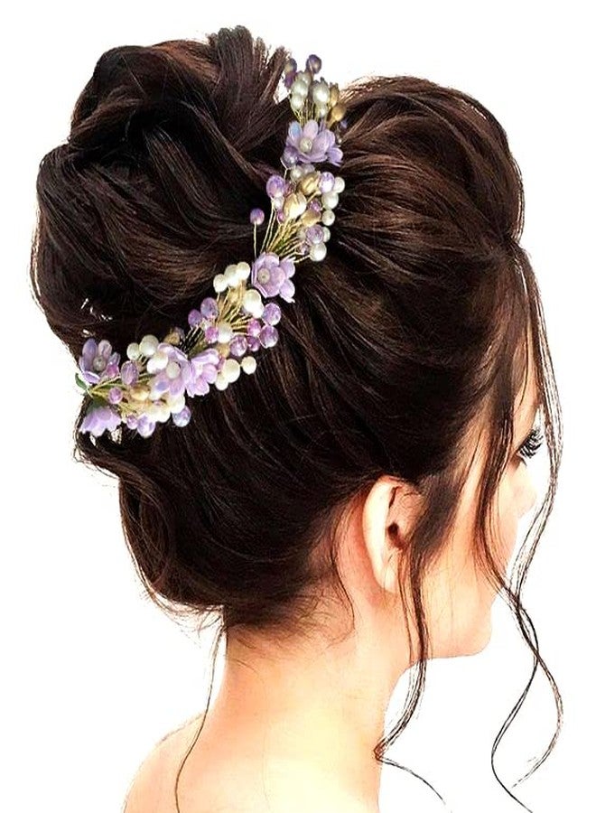 Hair Flare Artificial Small Rose with Metals and Pearls Hair Vein/Bridal Hair Bun Accessories for Women and Girls-2412, Purple Hairpin - Image 1