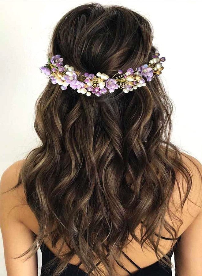Hair Flare Artificial Small Rose with Metals and Pearls Hair Vein/Bridal Hair Bun Accessories for Women and Girls-2412, Purple Hairpin - Image 2